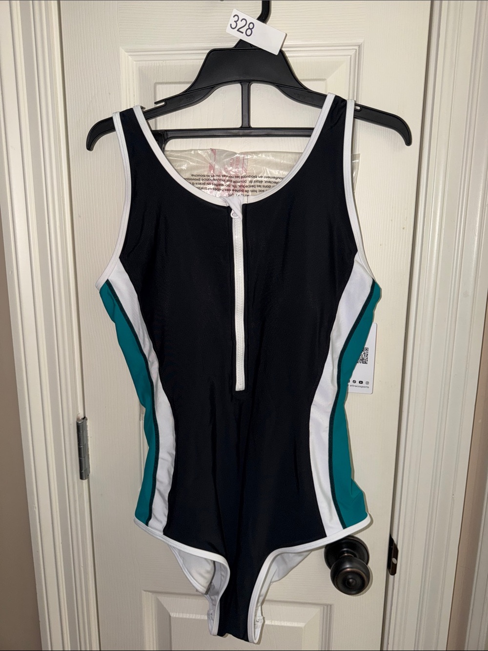 Athletic Zip-Front Black & Teal One-Piece Swimsuit with White Trim